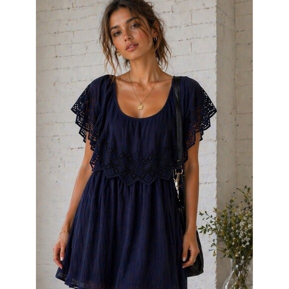 love, Fire Dresses & Skirts - Love Fire Navy Lace Dress Flowy Boho Mini Above Knee M Size
